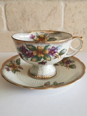 Violets Teacup and Saucer Iridescent Made in Japan Vintage Cottage Core